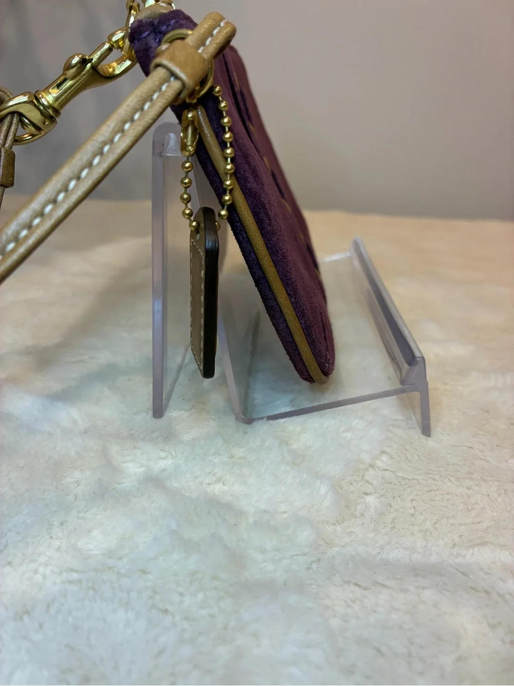 Coach Purple Suede Wristlet Clutch Brown Leather Trim Brass Grommet Y2K Vintage